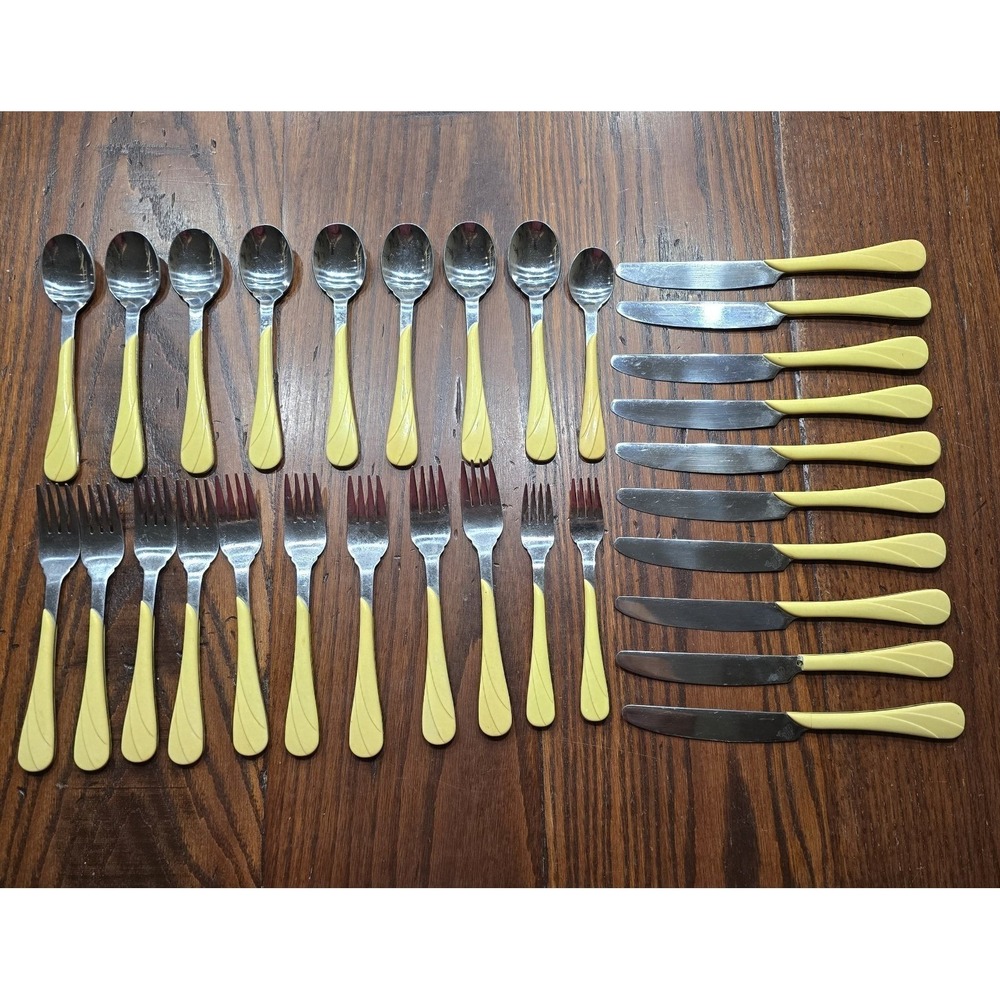 VTG 80's Fiesta Yellow Stainless Steel Flatware 30 Piece Swirl Handle